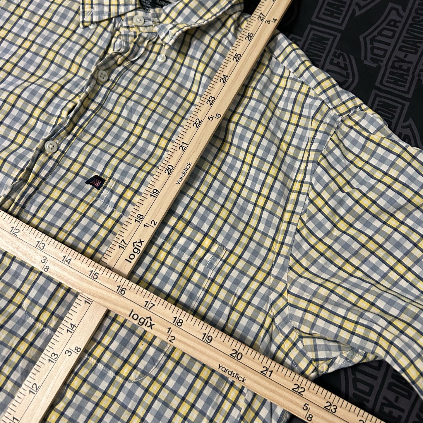 (S) Vintage Ralph Lauren Jeans Company Yellow Grey Plaid Short Sleeve Button-Up Shirt
