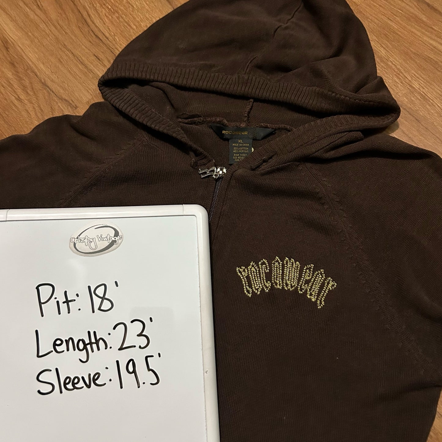 (Women XL) Vintage Y2K Rocawear Brown Knitted Full Zip Hoodie