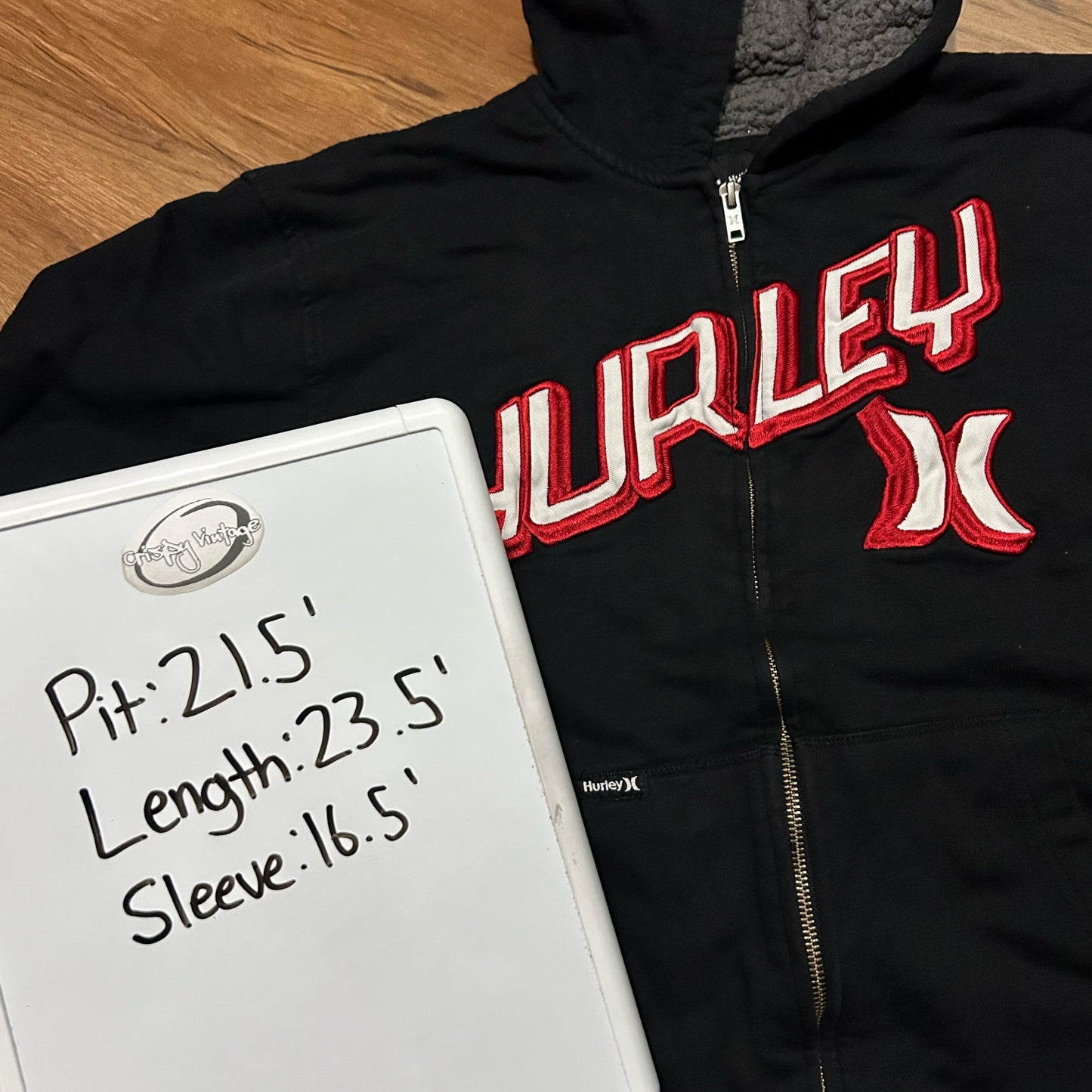 (XL) Y2K Hurley Embroidered Spellout Full Zip Black Hoodie
