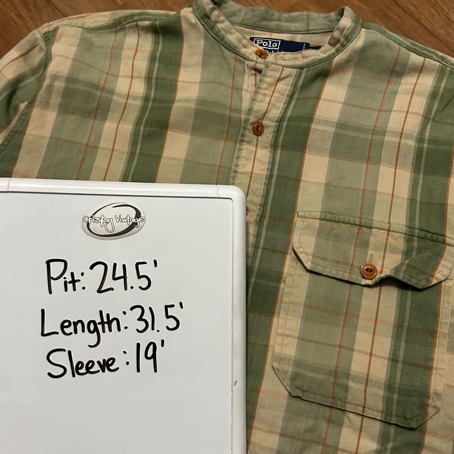 (M) Vintage 90s Polo Ralph Lauren Plaid Green Beige Button Up Shirt