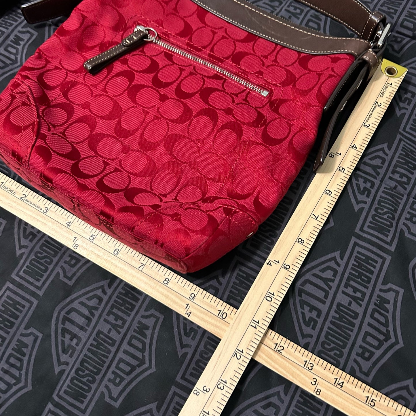 (OS) Coach Red Signature Jacquard File Crossbody Bag Brown Leather Trim