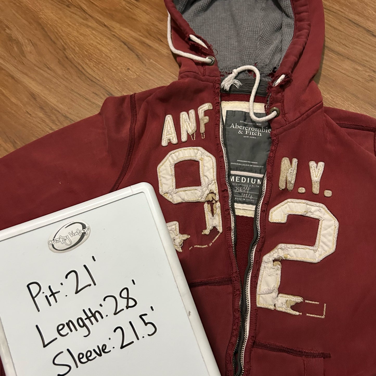 (M) Y2K Abercrombie & Fitch Distressed Burgundy Full Zip Hoodie
