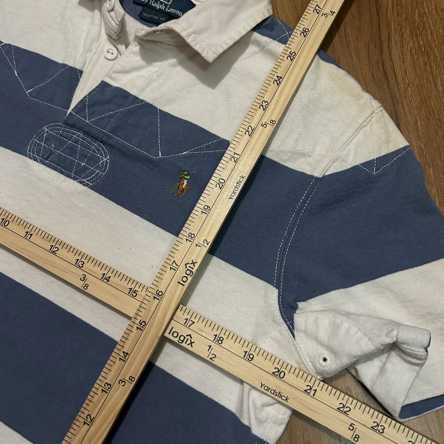 (M) Vintage 90s Polo Ralph Lauren Blue White Striped Polo Shirt