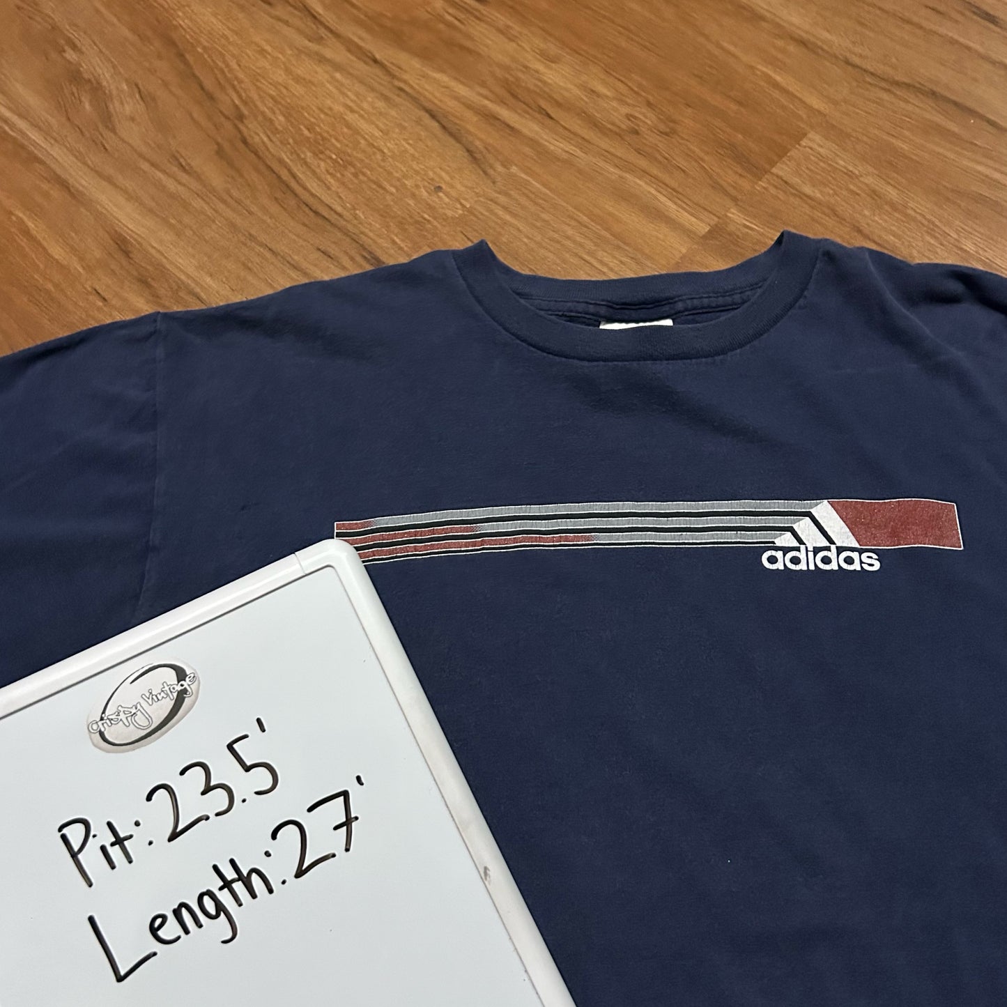 (L) Retro Y2K Adidas Navy Stripe Graphic T-Shirt