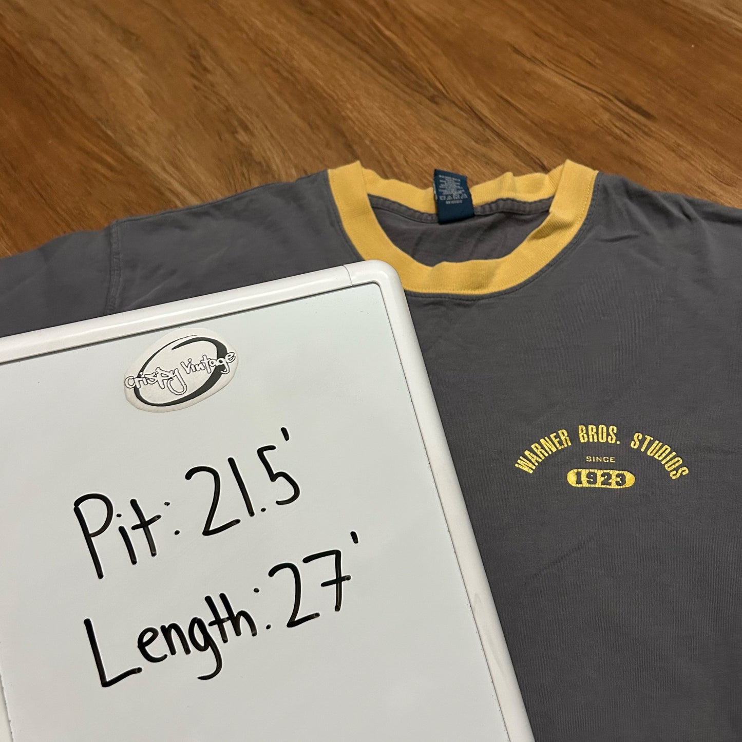 (M) Vintage Retro Warner Bros Studio Grey Yellow Ringer T-Shirt