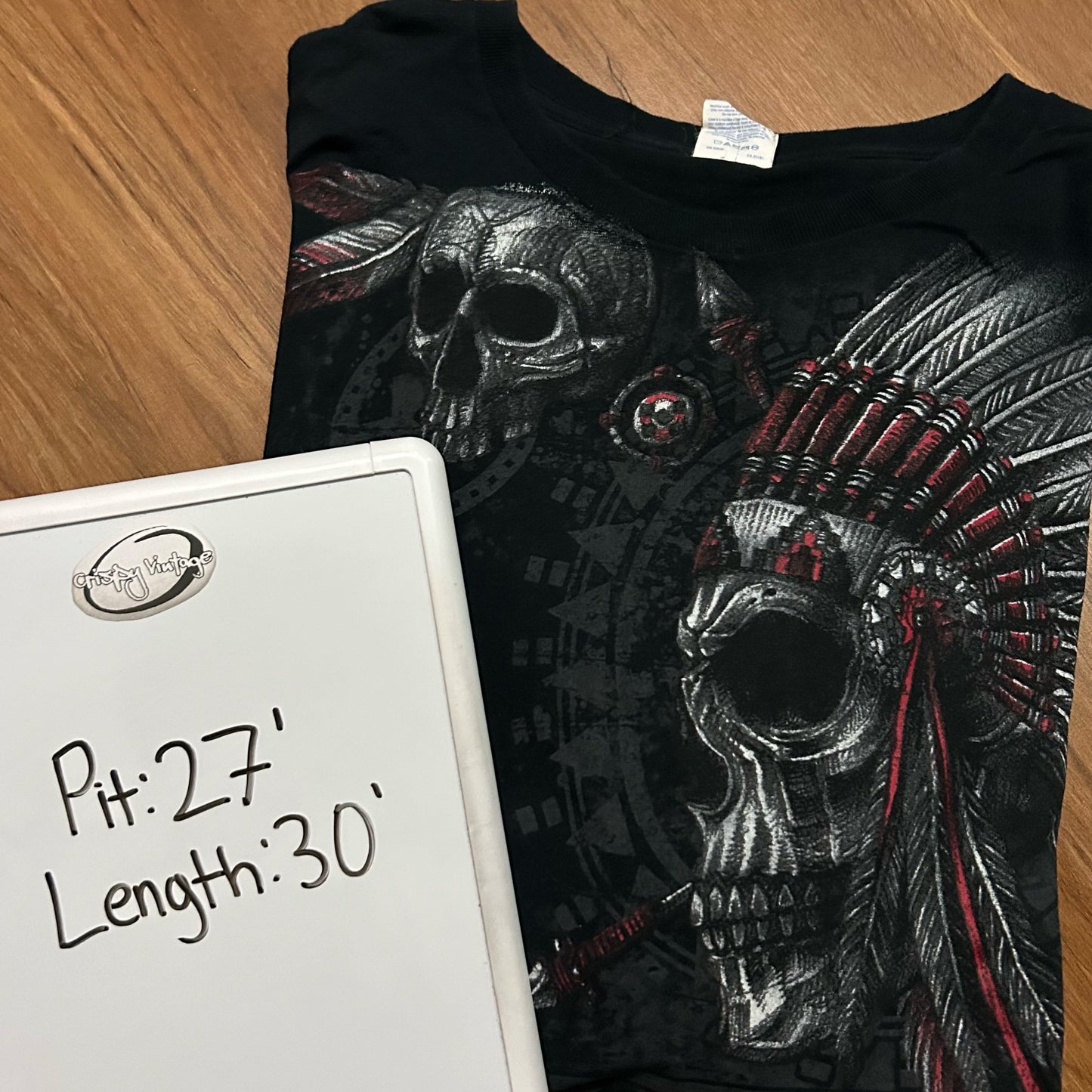 (XXXL) Native American Indian Chief Skull Black Graphic T-Shirt