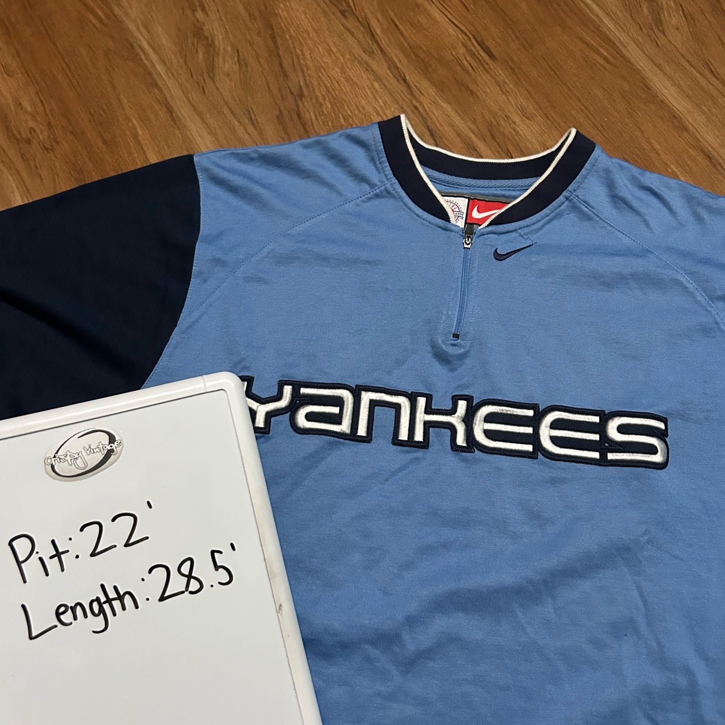 (M) Vintage 90s Nike MLB New York Yankees Baseball Short Sleeve 1/4 Blue T-Shirt
