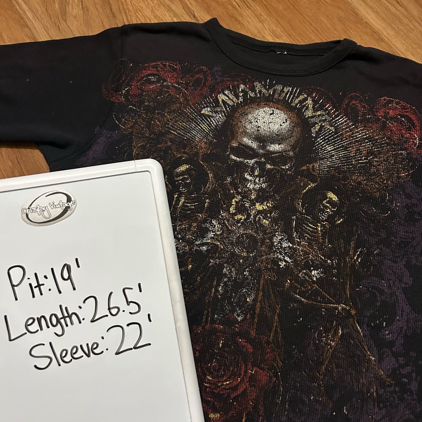 (S/M) Vintage Miami Ink Y2K Skull and Rose Graphic Thermal Longsleeve Shirt