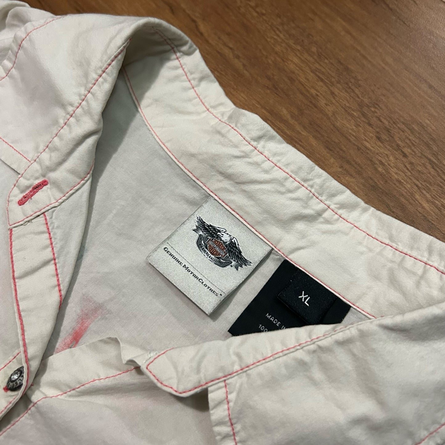 (Women's XL) Vintage Harley Davidson Spade Button-Up White Pink Shirt
