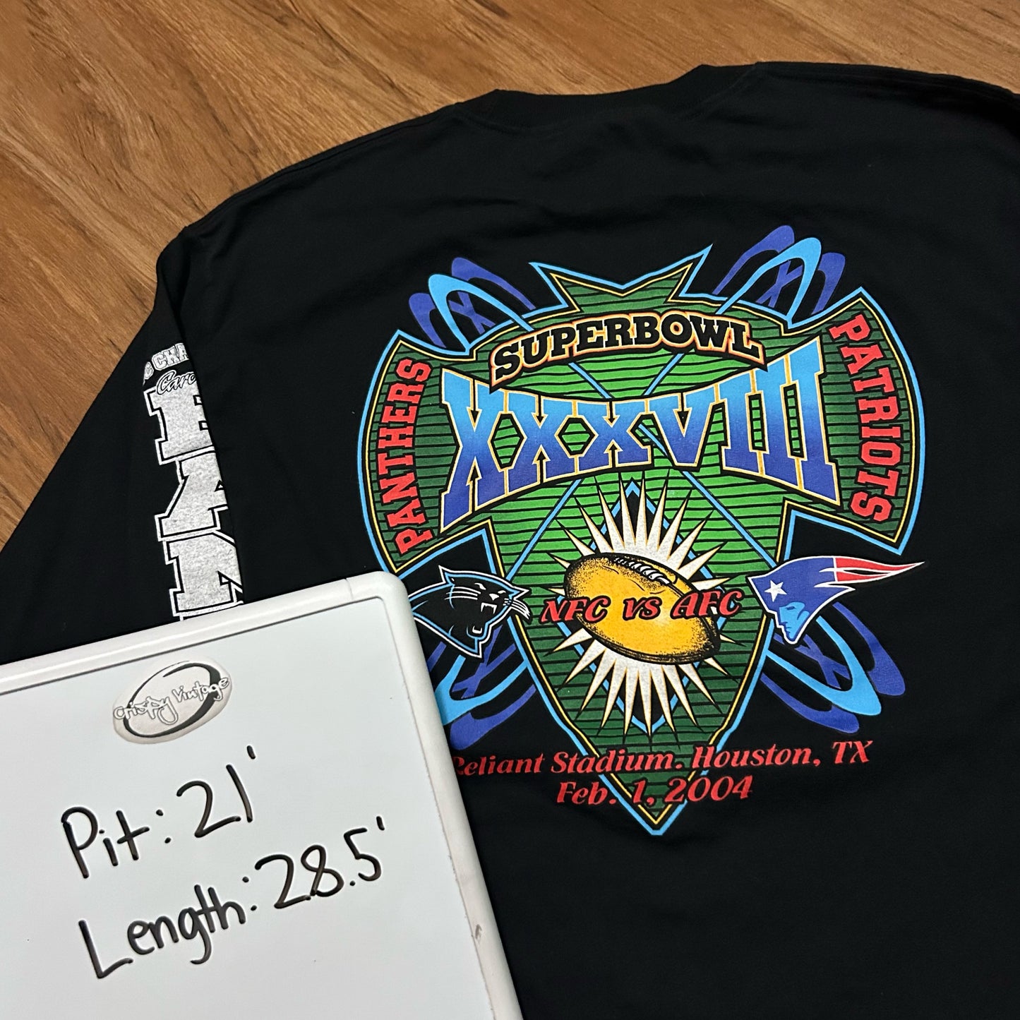 (L) 2004 Super Bowl Patriots Vs Panthers Graphic Black Longsleeve T-Shirt