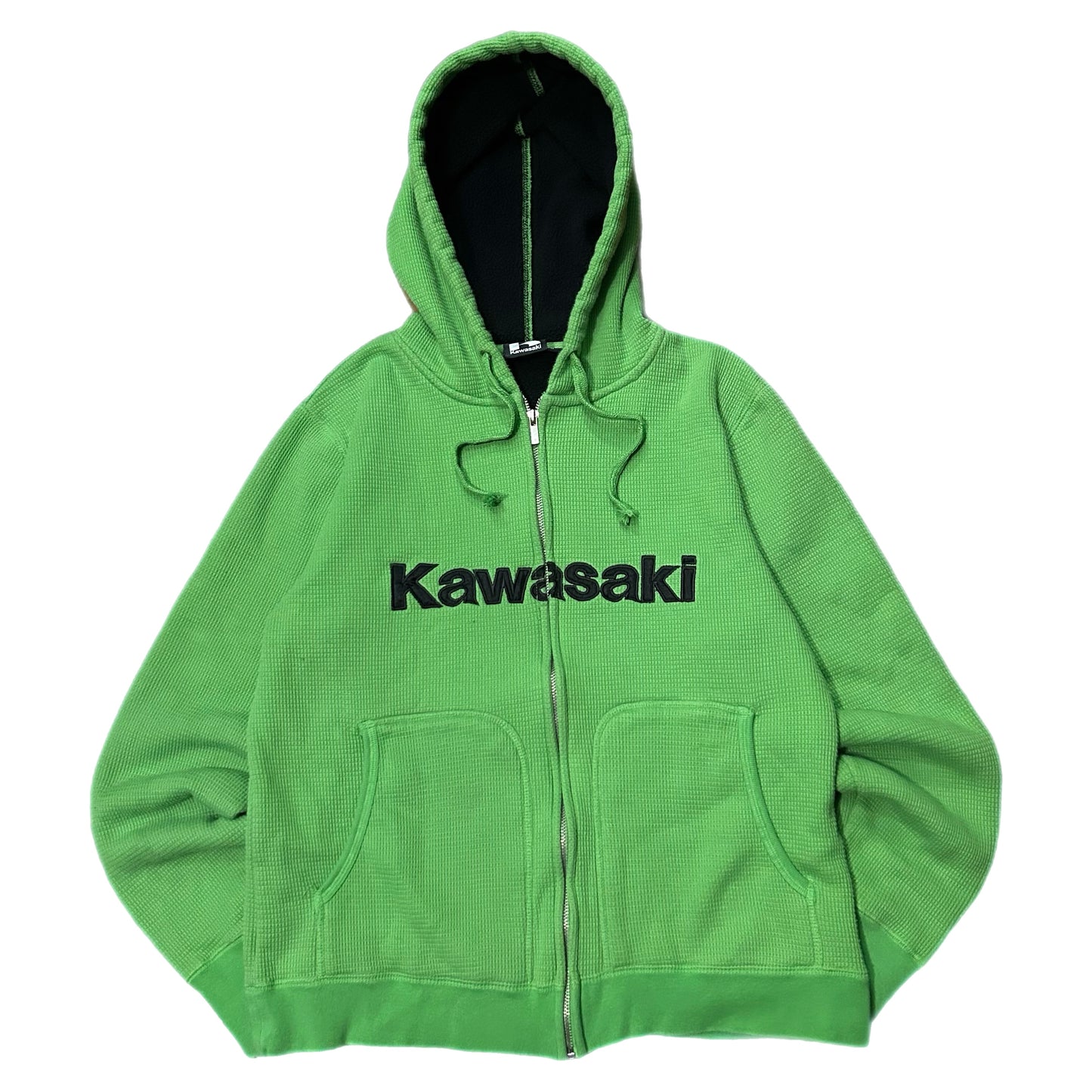 (XL) Y2K Kawasaki Thermal Waffleknit Green Zip-Up Hoodie