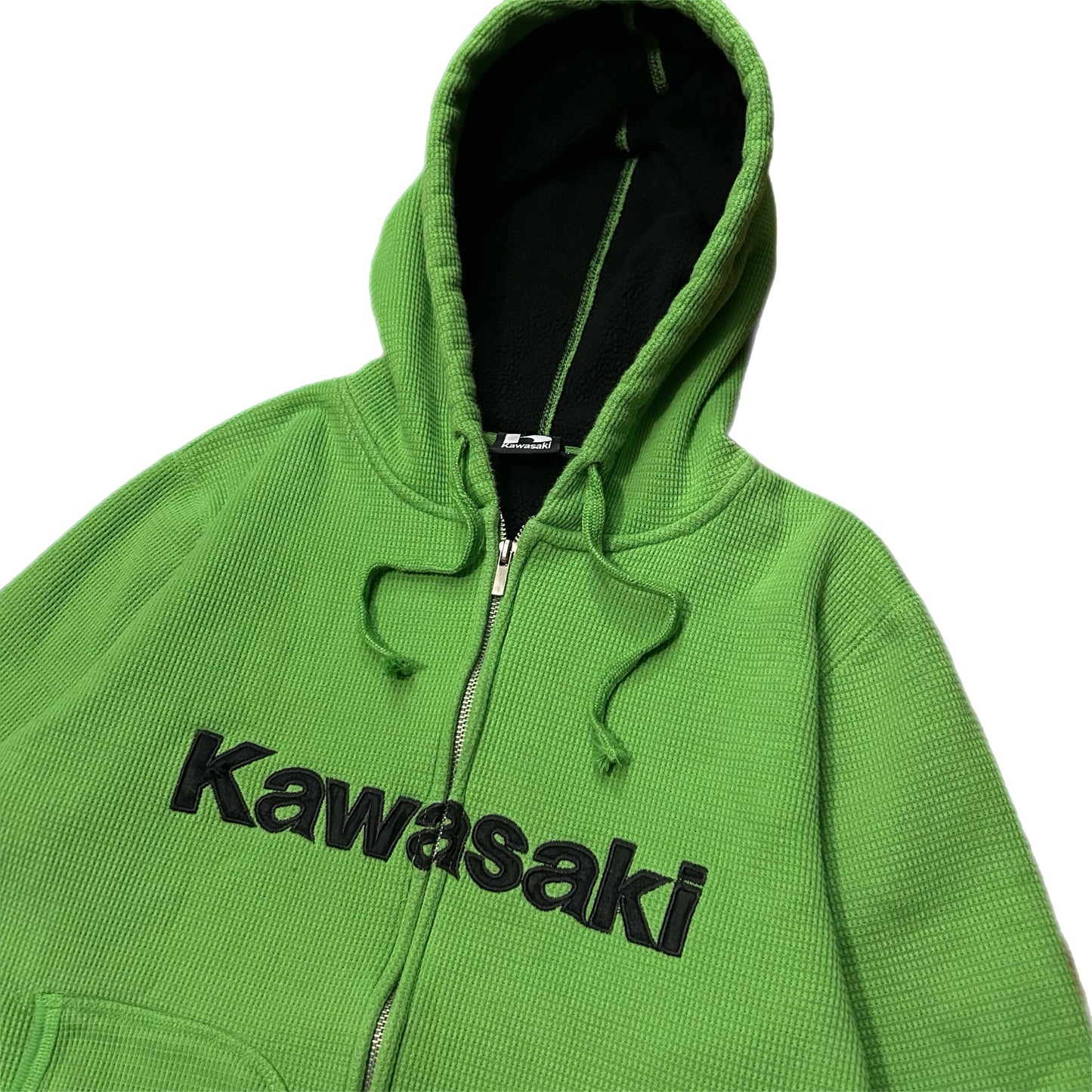 (XL) Y2K Kawasaki Thermal Waffleknit Green Zip-Up Hoodie