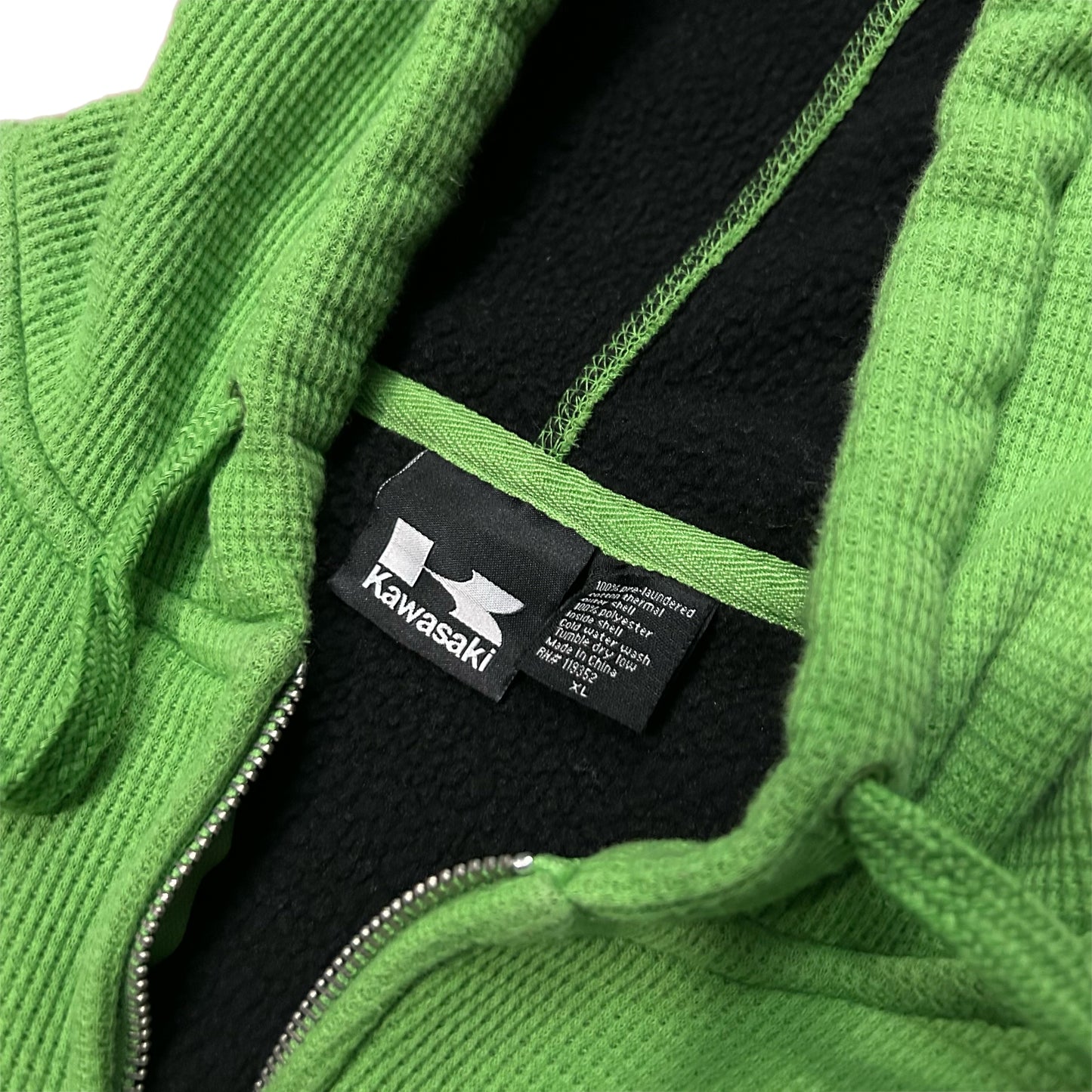 (XL) Y2K Kawasaki Thermal Waffleknit Green Zip-Up Hoodie