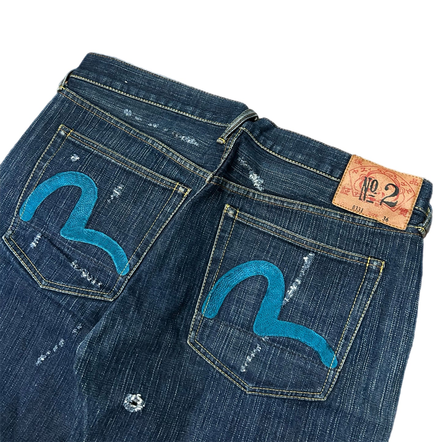 (36) Vintage Evisu Paint Splatter Jean Shorts