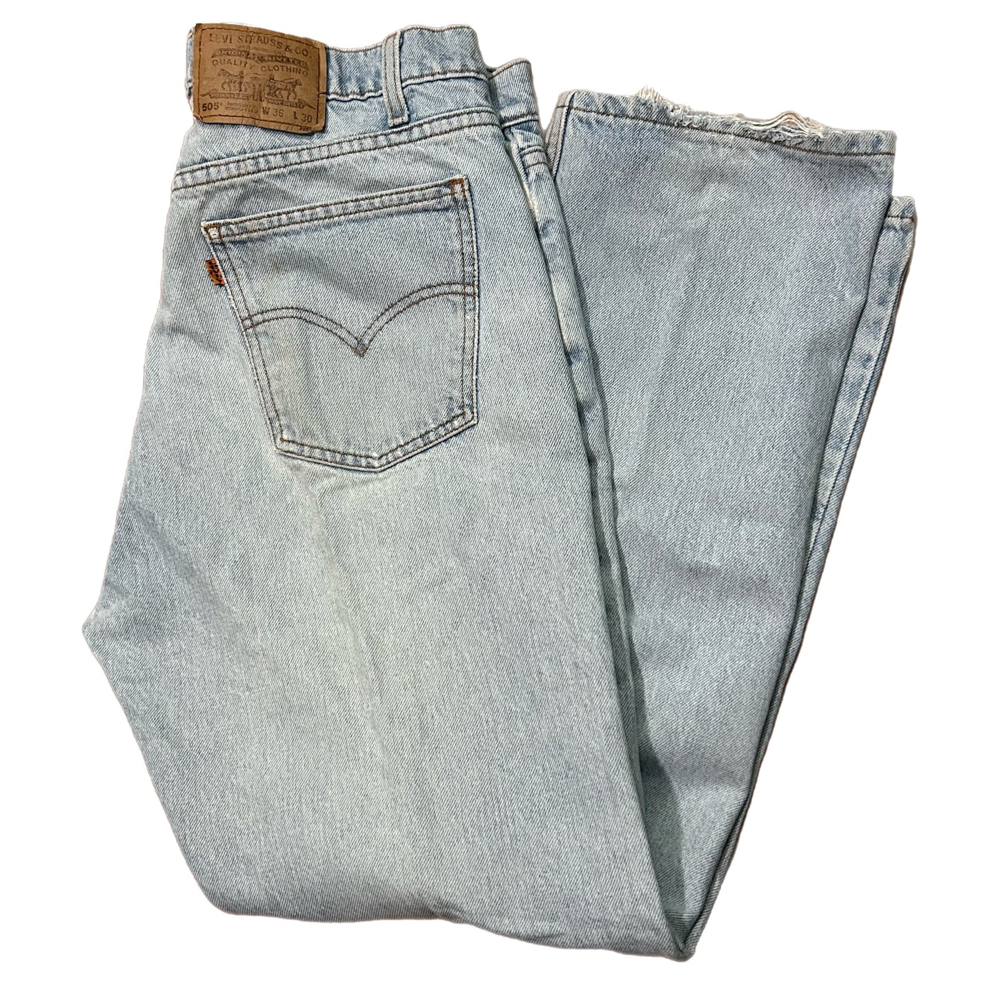 (36) 1990s Levi 505 Orange Tab Light Wash Denim