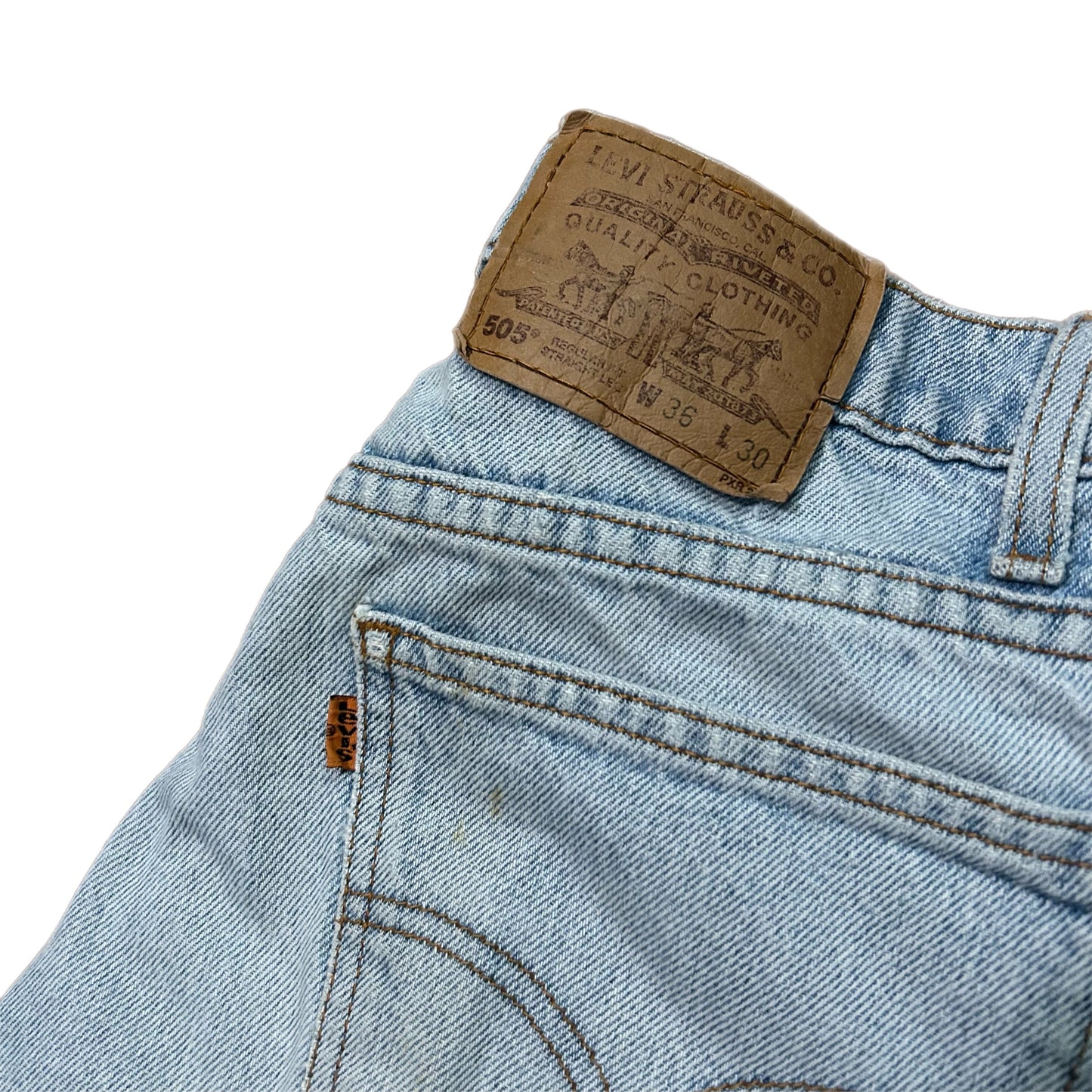 (36) 1990s Levi 505 Orange Tab Light Wash Denim