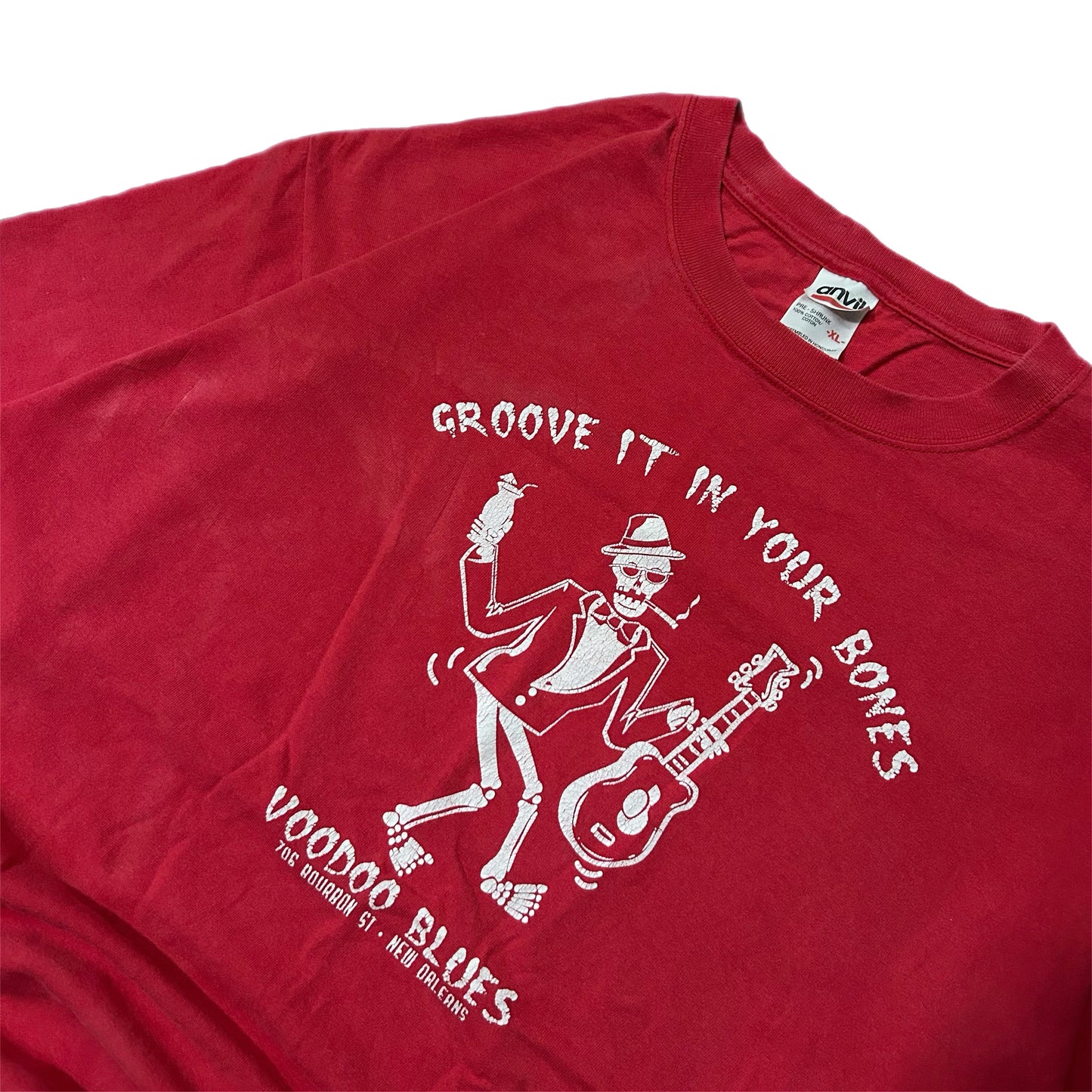 (XL) Vintage Voodoo Blues Skeleton Bones Red Shirt
