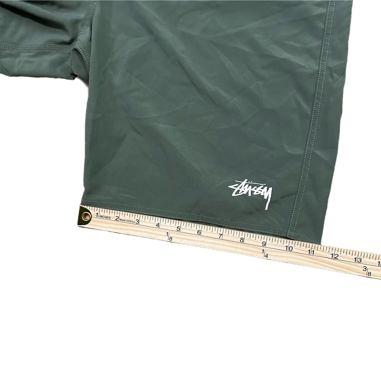 (32) Stussy Olive Green Nylon Swim Shorts