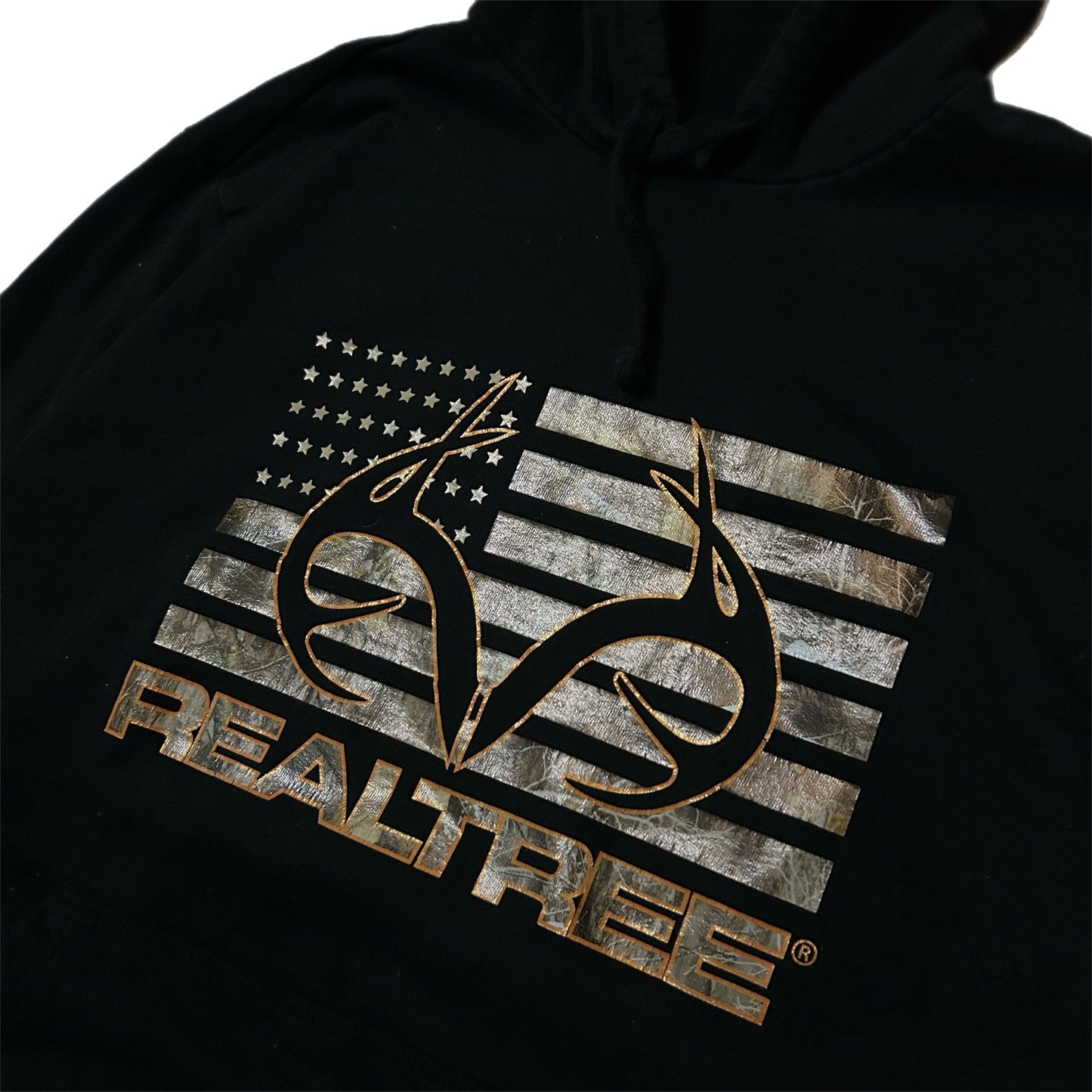 (XL) Y2K Realtree Camo Flag Black Hoodie