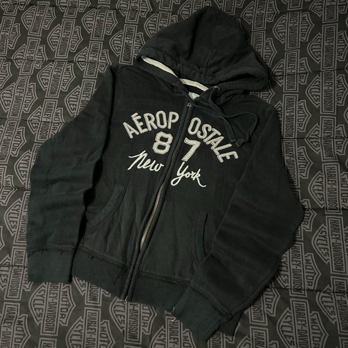 (Woman M) Vintage Y2K Aeropostale New York 87 Full Zip Black Hoodie