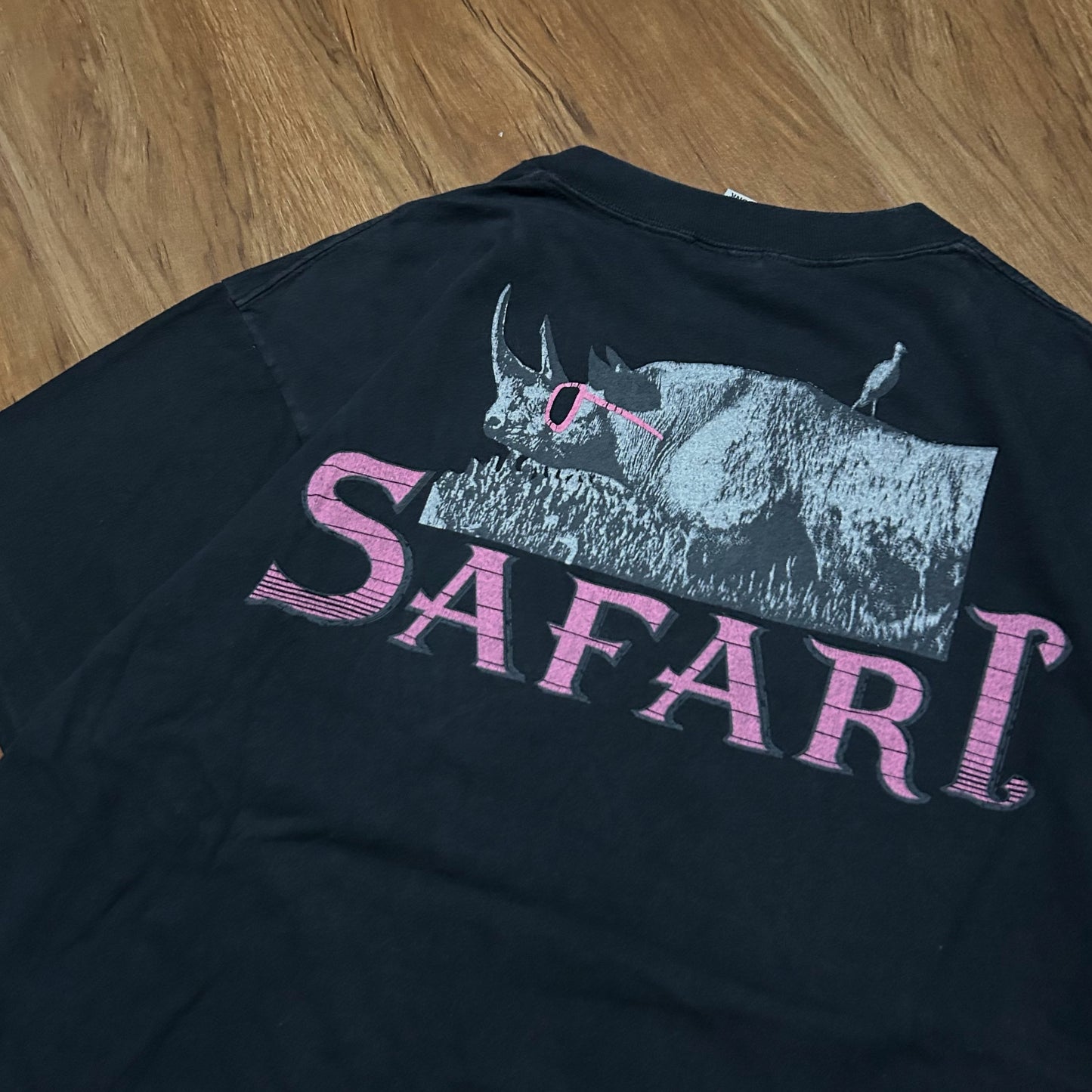 (XL) Vintage 90s Safari Rhinestone Rhino Black Graphic T-Shirt