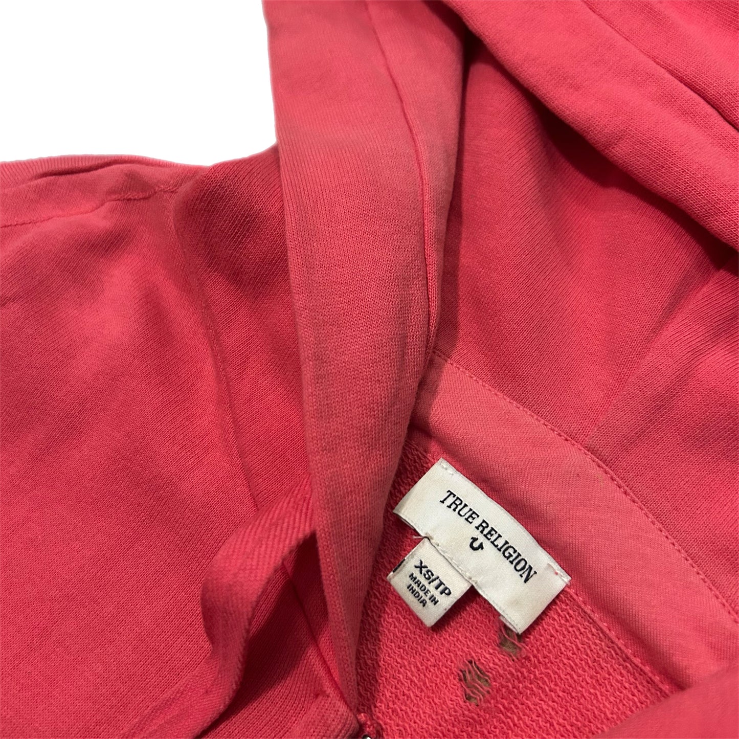 (XS) True Religion Pink Distressed Zip-Up Hoodie