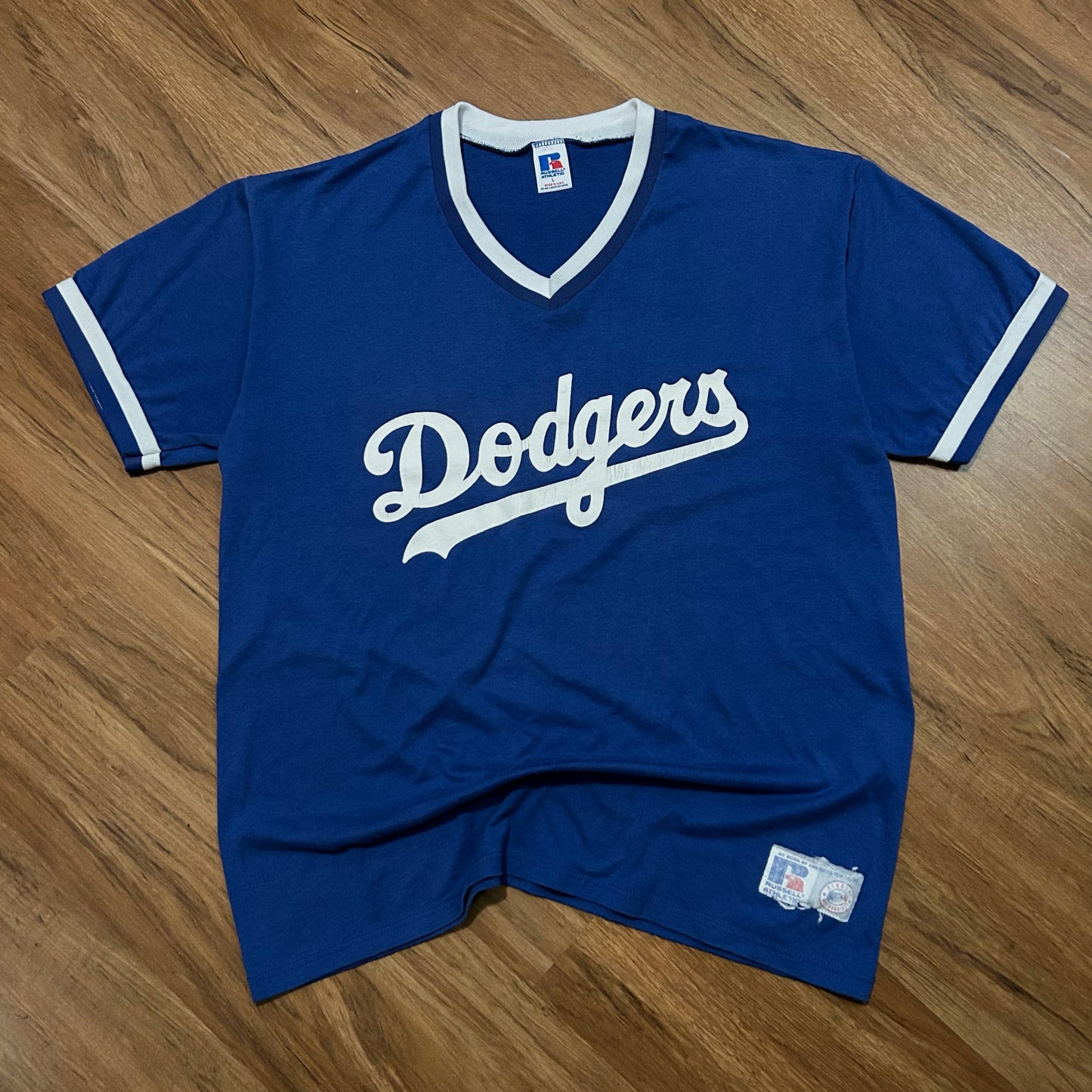 (L) Vintage 90s Russell Athletic Los Angeles Dodgers V-Neck Ringer Blue Jersey Shirt