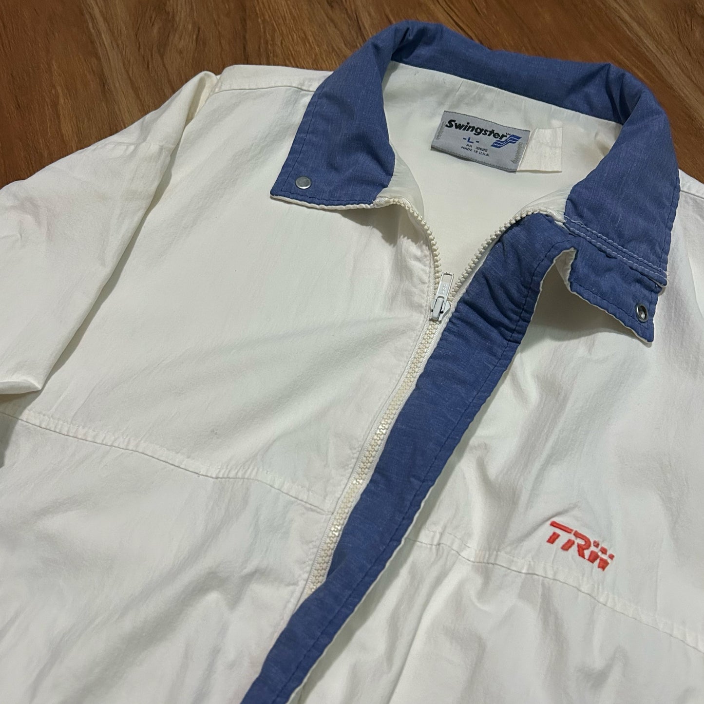 (L) Vintage 90s Swingster TRW Corporate Logo Full Zip Bomber Made in USA Jacket