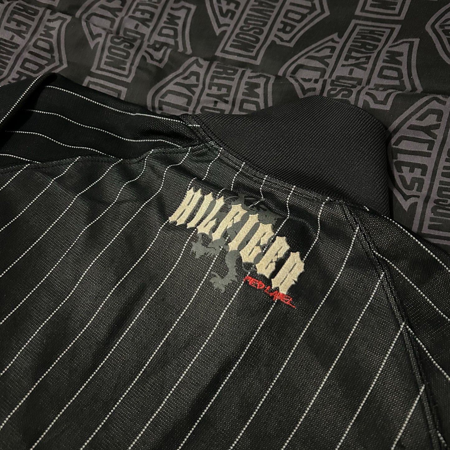 (L) Vintage Y2K Tommy Hilfiger Denim Red Label Pinstripe Gothic Track Jacket