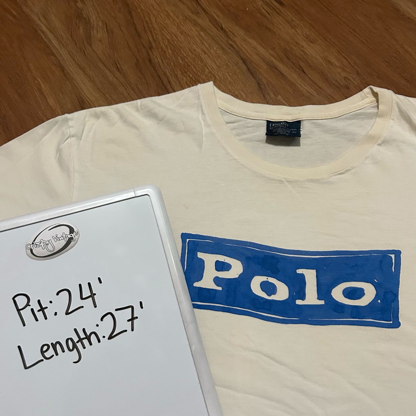 (L) Vintage Polo Ralph Lauren Hand-Painted Box Logo White T-Shirt