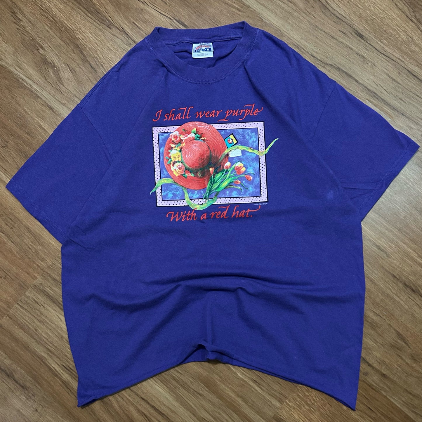 (L) Vintage Hanes "I Shall Wear Purple" Red Hat Graphic Purple T-Shirt