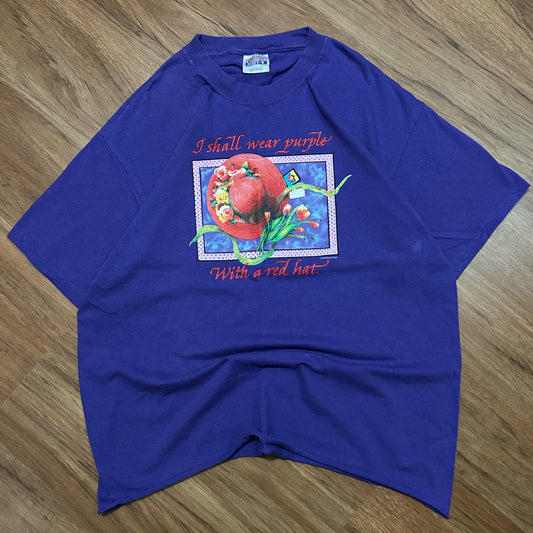 (L) Vintage Hanes "I Shall Wear Purple" Red Hat Graphic Purple T-Shirt