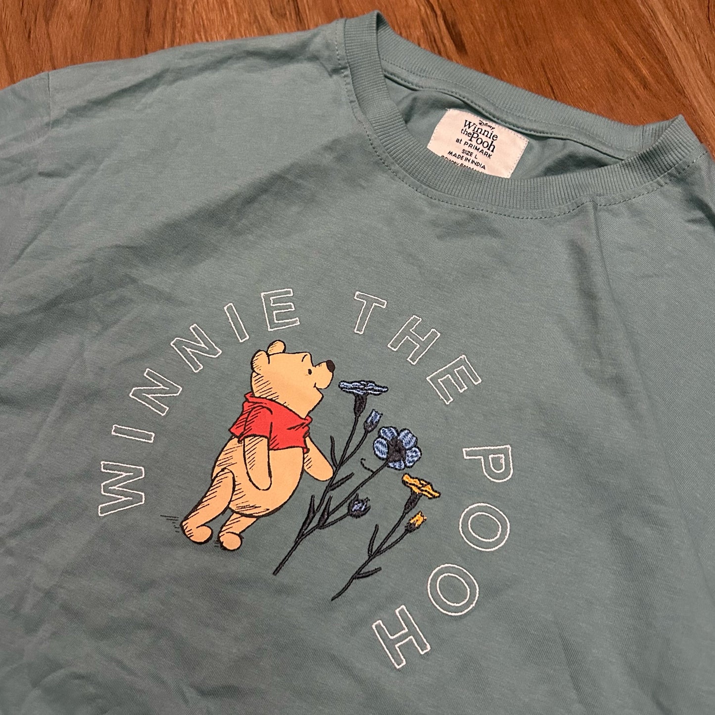 (Womens L) Vintage Disney Winnie The Pooh Embroidered Blue T-Shirt