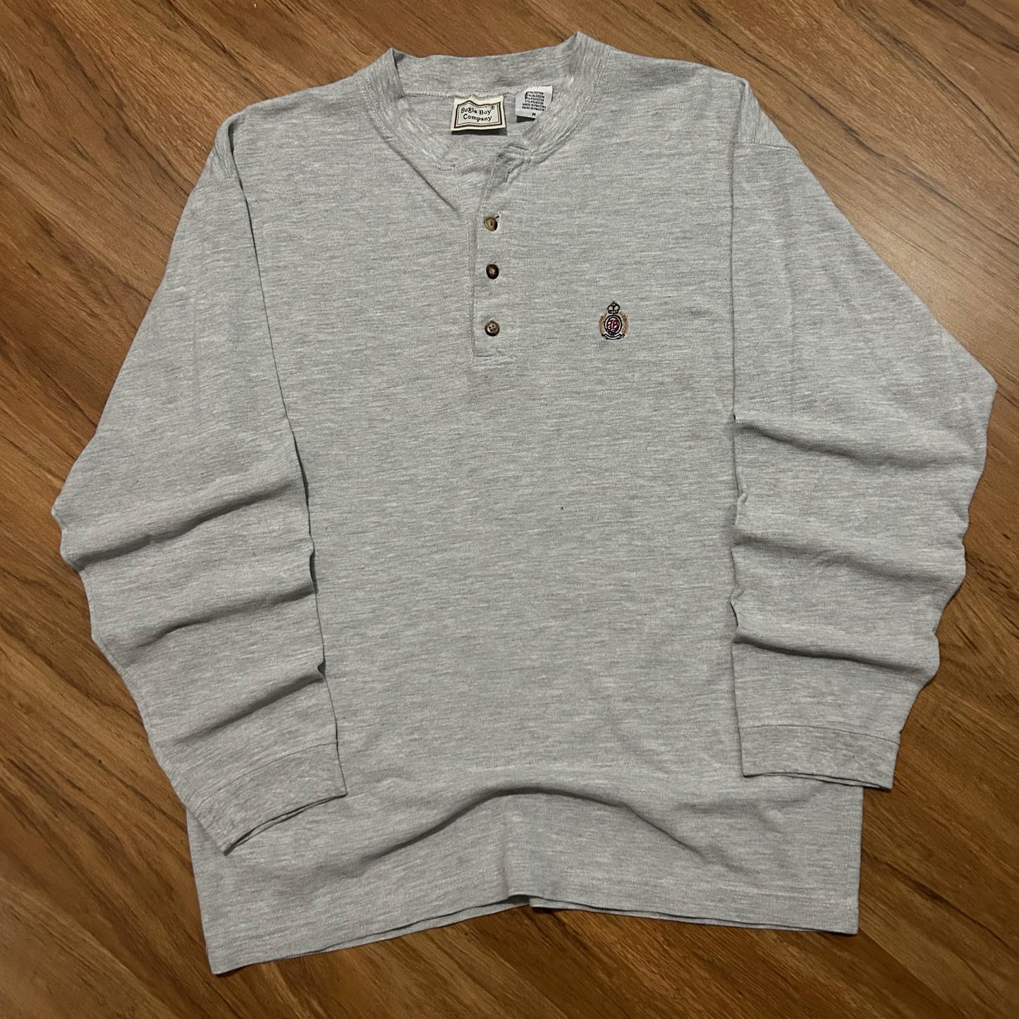(M) Vintage 90s Bugle Boy Company Grey Longsleeve Embroidered Crest Henley Shirt