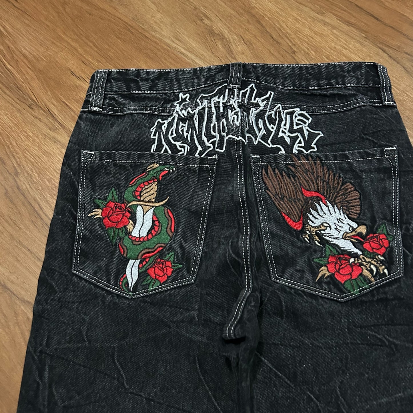 (30) Ninth Hall Ambush Embroidered Baggy Black Denim Jeans