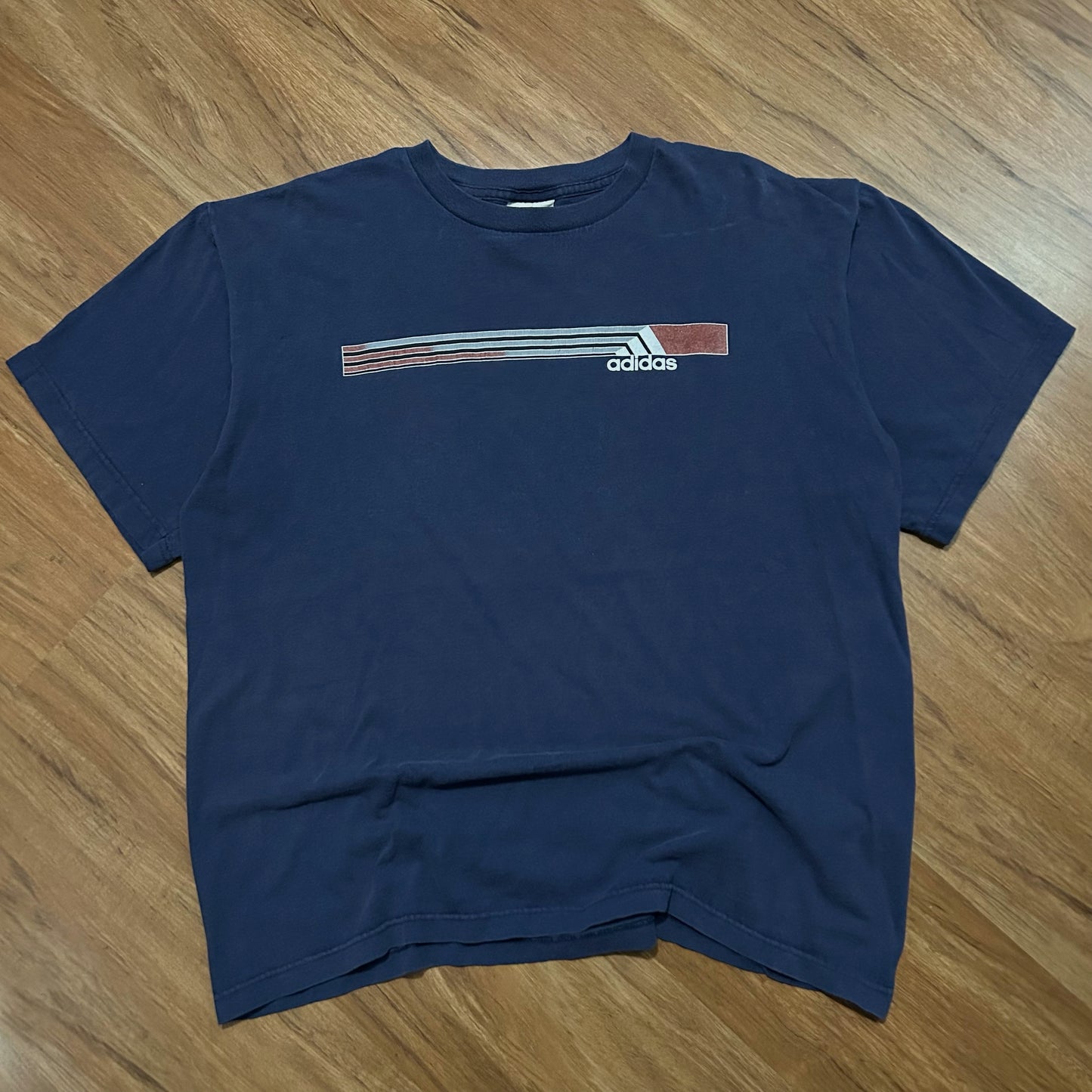 (L) Retro Y2K Adidas Navy Stripe Graphic T-Shirt