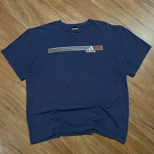 (L) Retro Y2K Adidas Navy Stripe Graphic T-Shirt