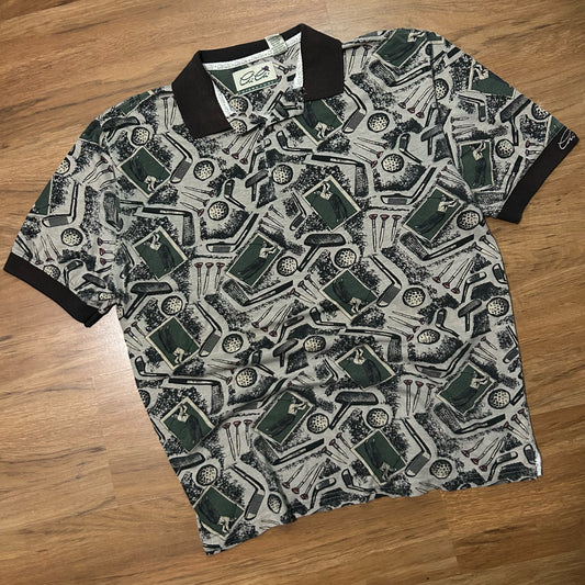 (L) Vintage 90s Golf Putt AOP Polo Shirt