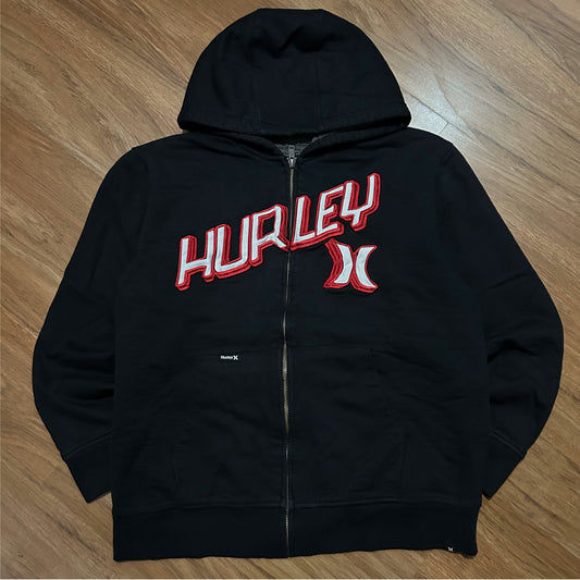 (XL) Y2K Hurley Embroidered Spellout Full Zip Black Hoodie