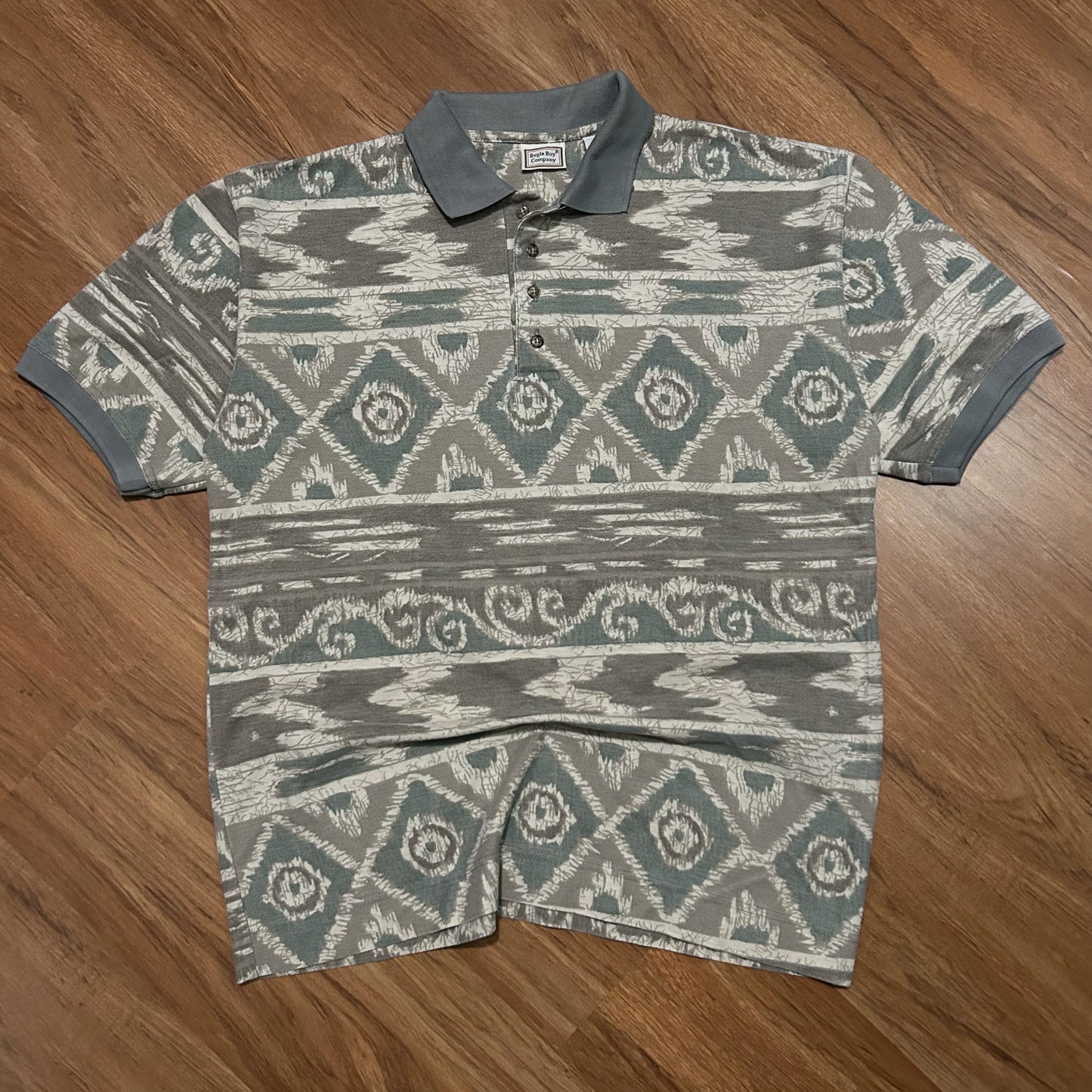 (L) Vintage 90s Bugle Boy Company Aztec Southwestern AOP Polo Shirt