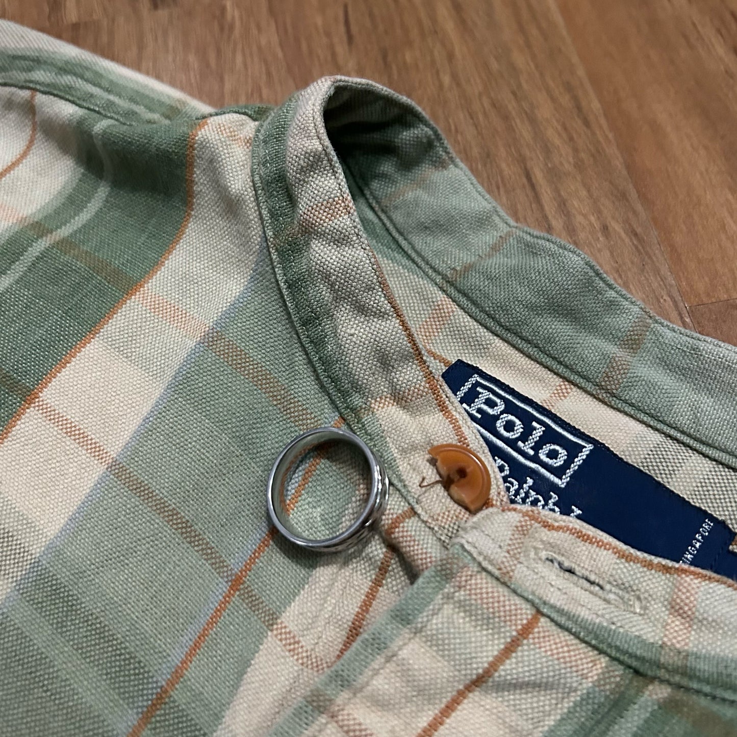 (M) Vintage 90s Polo Ralph Lauren Plaid Green Beige Button Up Shirt