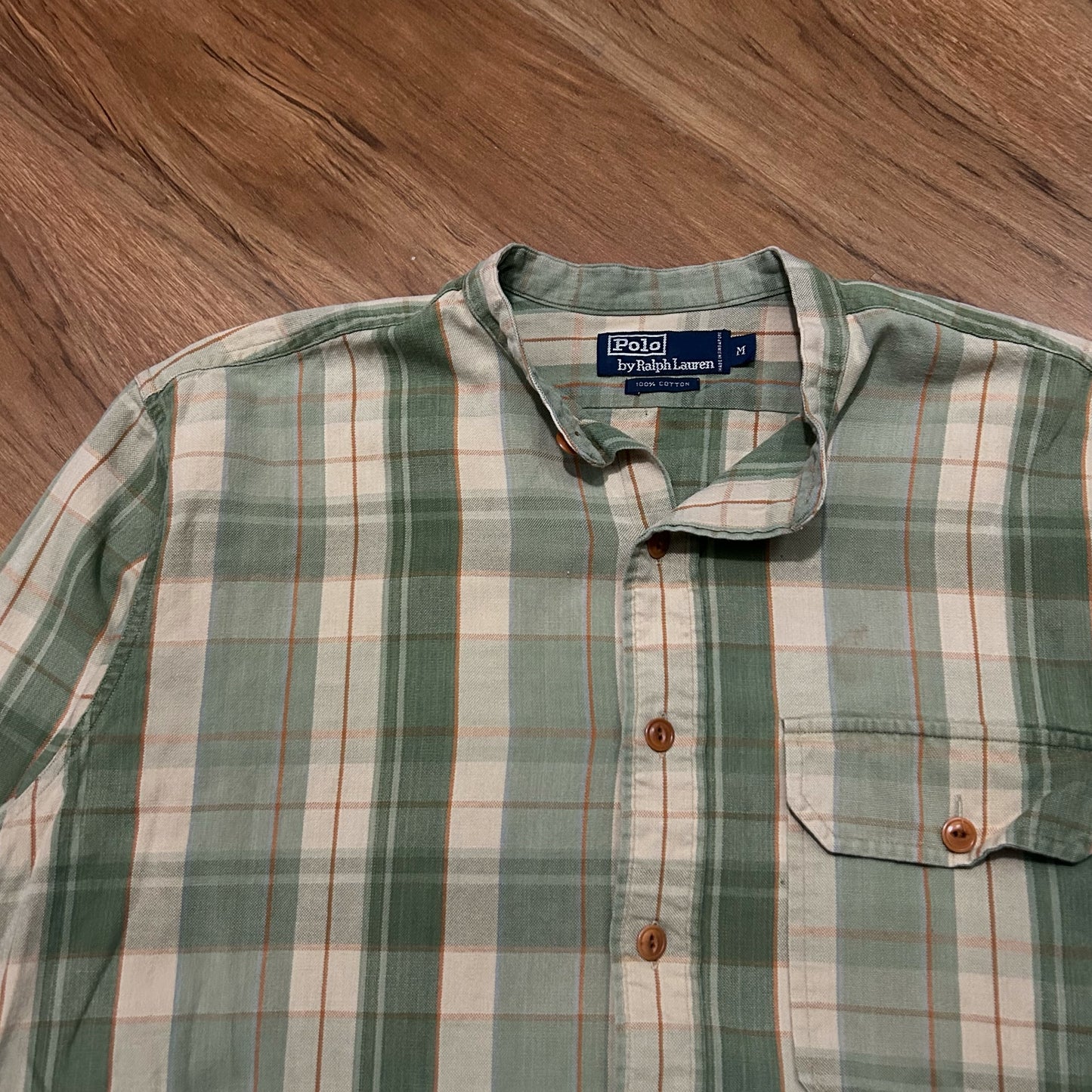 (M) Vintage 90s Polo Ralph Lauren Plaid Green Beige Button Up Shirt
