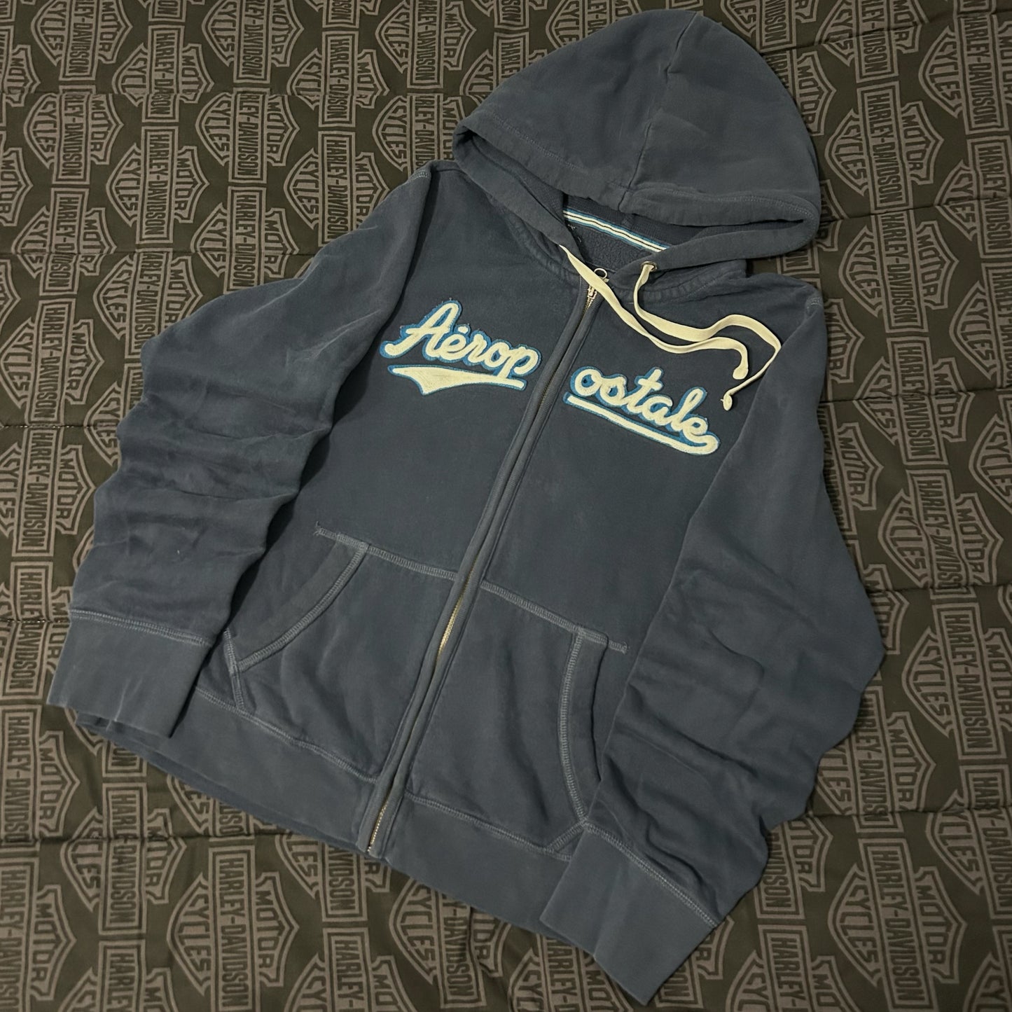 (Women XL) Vintage Y2K Aeropostale Blue Full Zip Spellout Hoodie