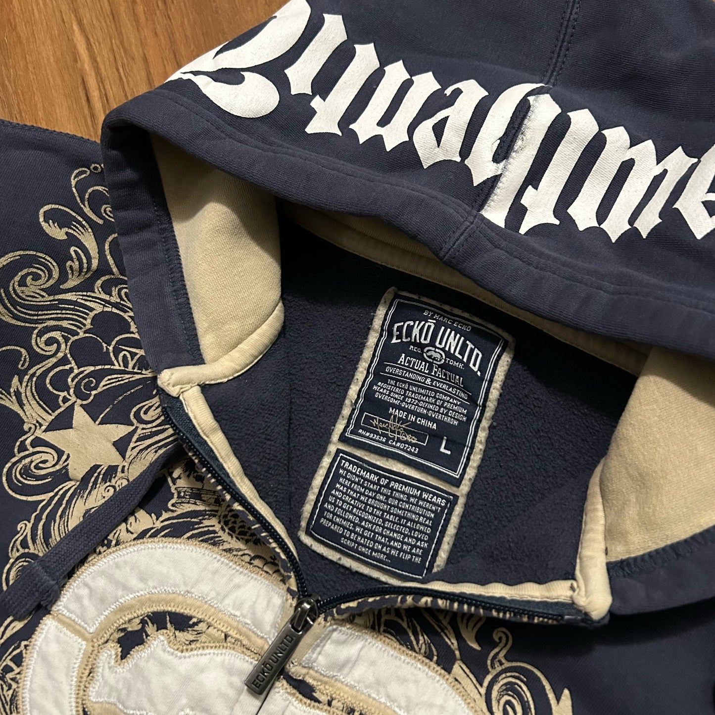 (L) Y2K Ecko Untld Embroidered Grunge Rhino Logo Navy Full Zip Hoodie