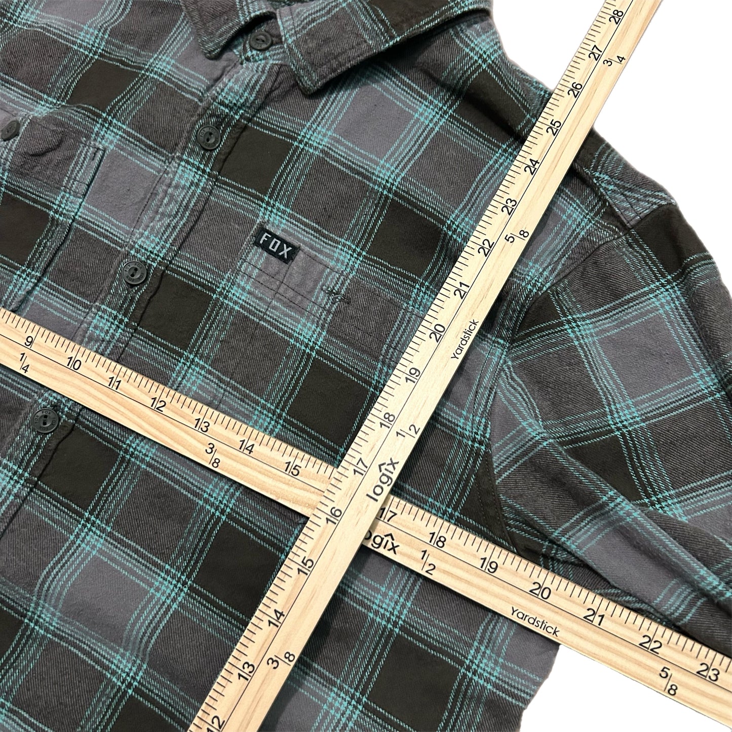 (M) Fox Racing Plaid Grey Teal Flannel Shirt