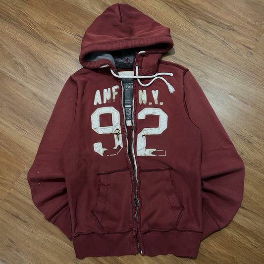 (M) Y2K Abercrombie & Fitch Distressed Burgundy Full Zip Hoodie
