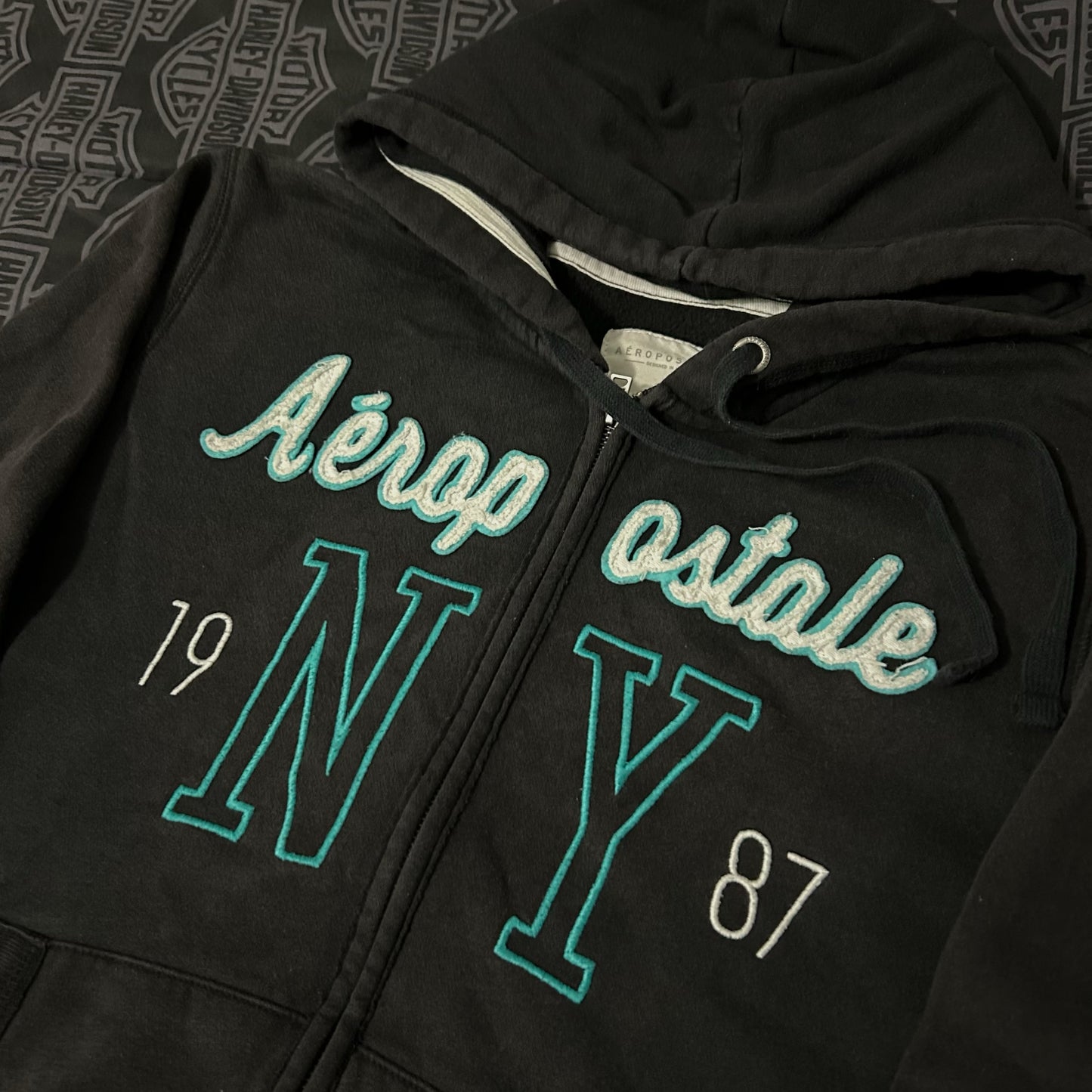 (Women XL) Vintage Y2K Aeropostale NY 1987 Full Zip Embroidered Teal Hoodie