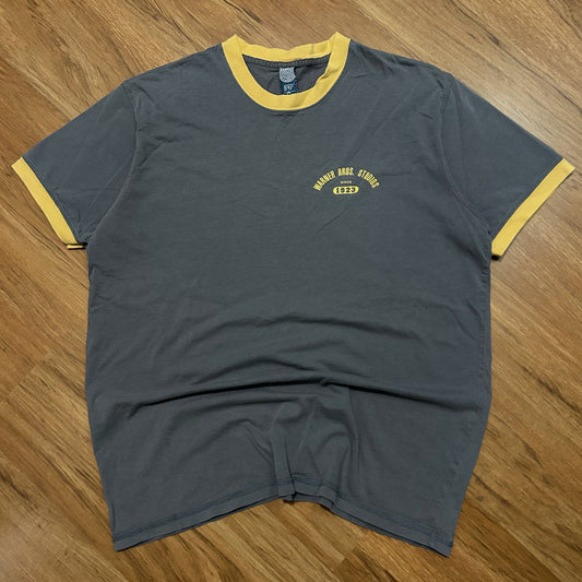 (M) Vintage Retro Warner Bros Studio Grey Yellow Ringer T-Shirt