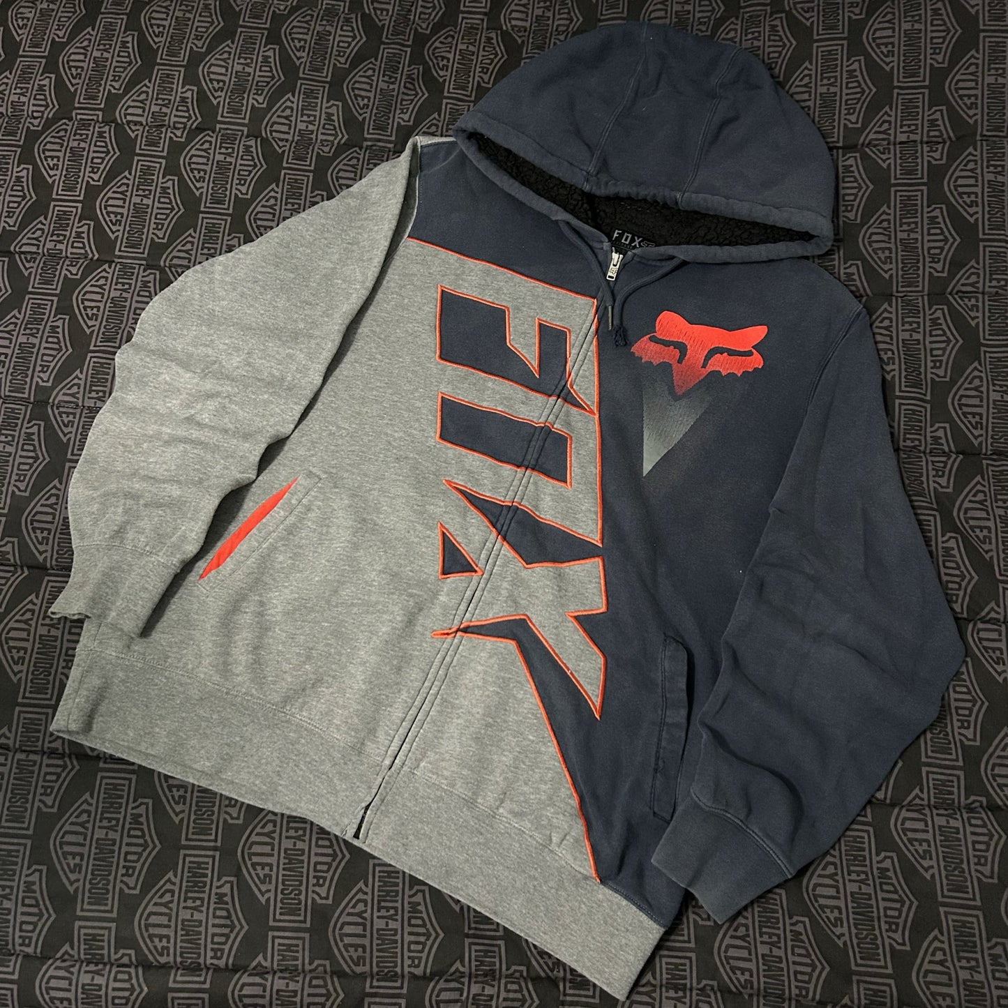 (XL) Vintage Retro Fox Racing Hertiage Forged Sherpa Lined Full Zip Hoodie