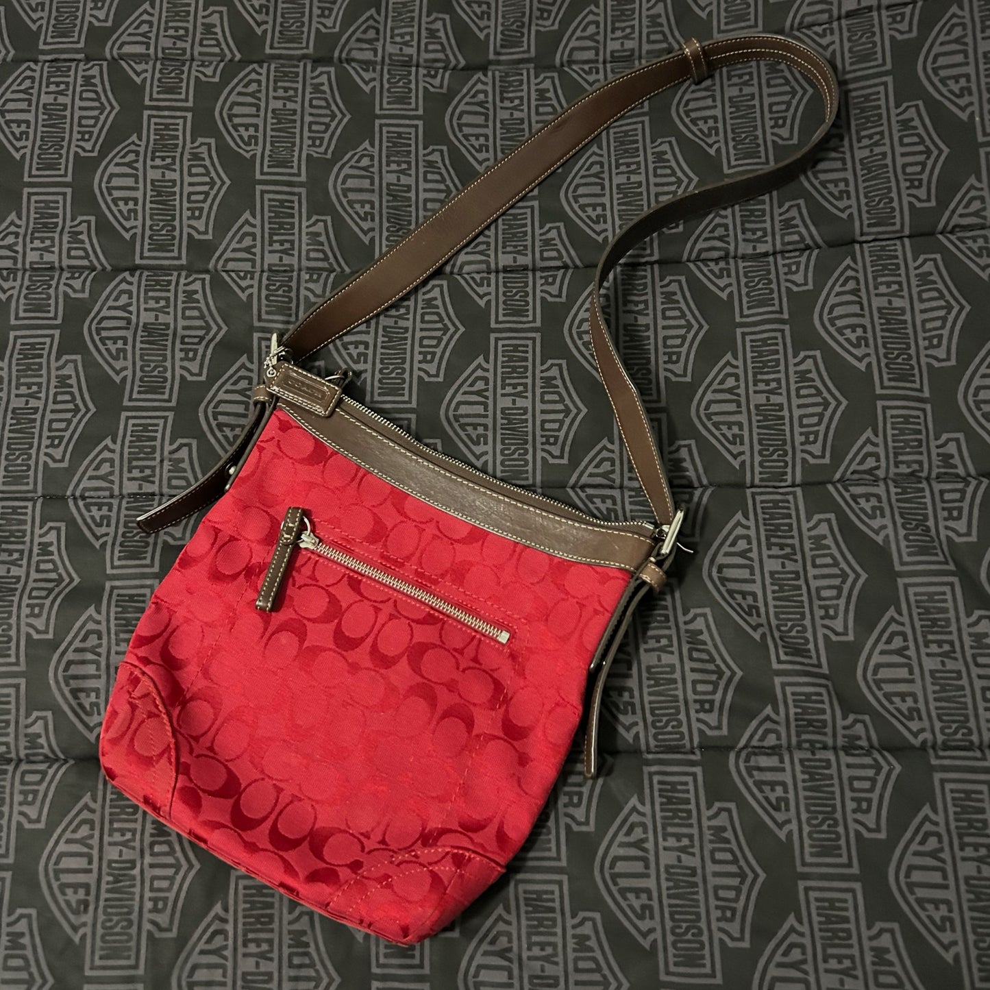 (OS) Coach Red Signature Jacquard File Crossbody Bag Brown Leather Trim